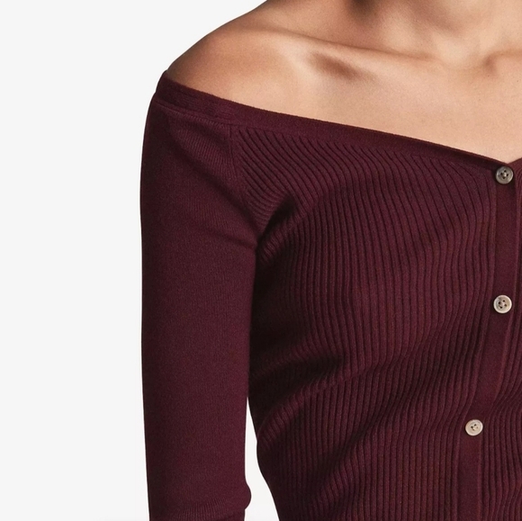 NWT REISS Off-shoulder Rib Knitted Midi Long Sleeve V-neck Burgundy Dress - L - Picture 3 of 12
